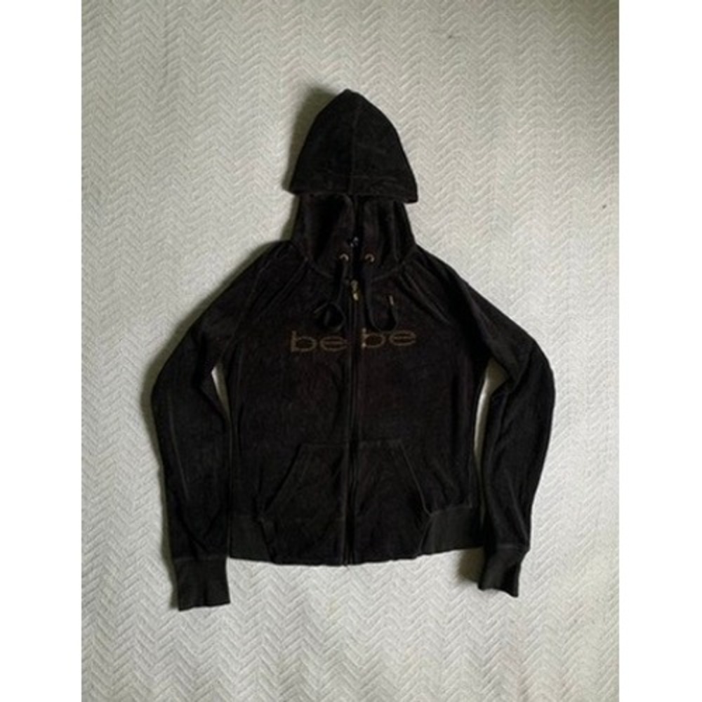 Bebe Sport Women's Sweatshirt Hoodie Sz‎ small Black Full Zip Y2K Velour grunge